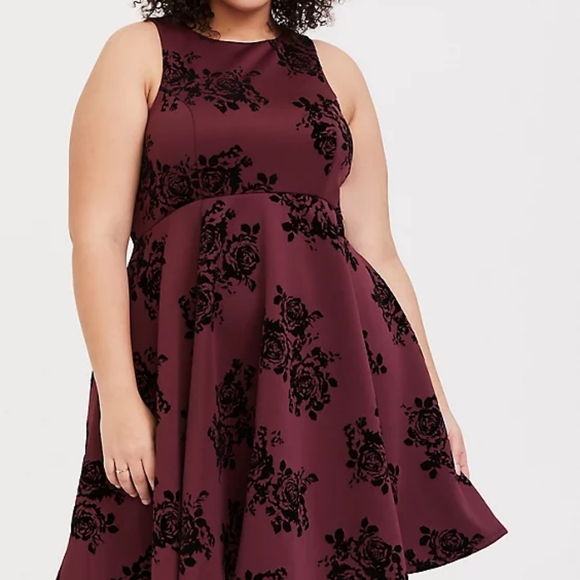 Torrid Burgundy Flocked Floral Skater Dress - Picture 2 of 4